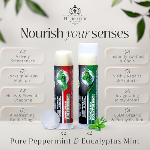 Organic Lip Balm Variety 4 Pack | Peppermint & Eucalyptus Mint Chapstick Set | Moisturizing for Dry Lips | For Men and Women