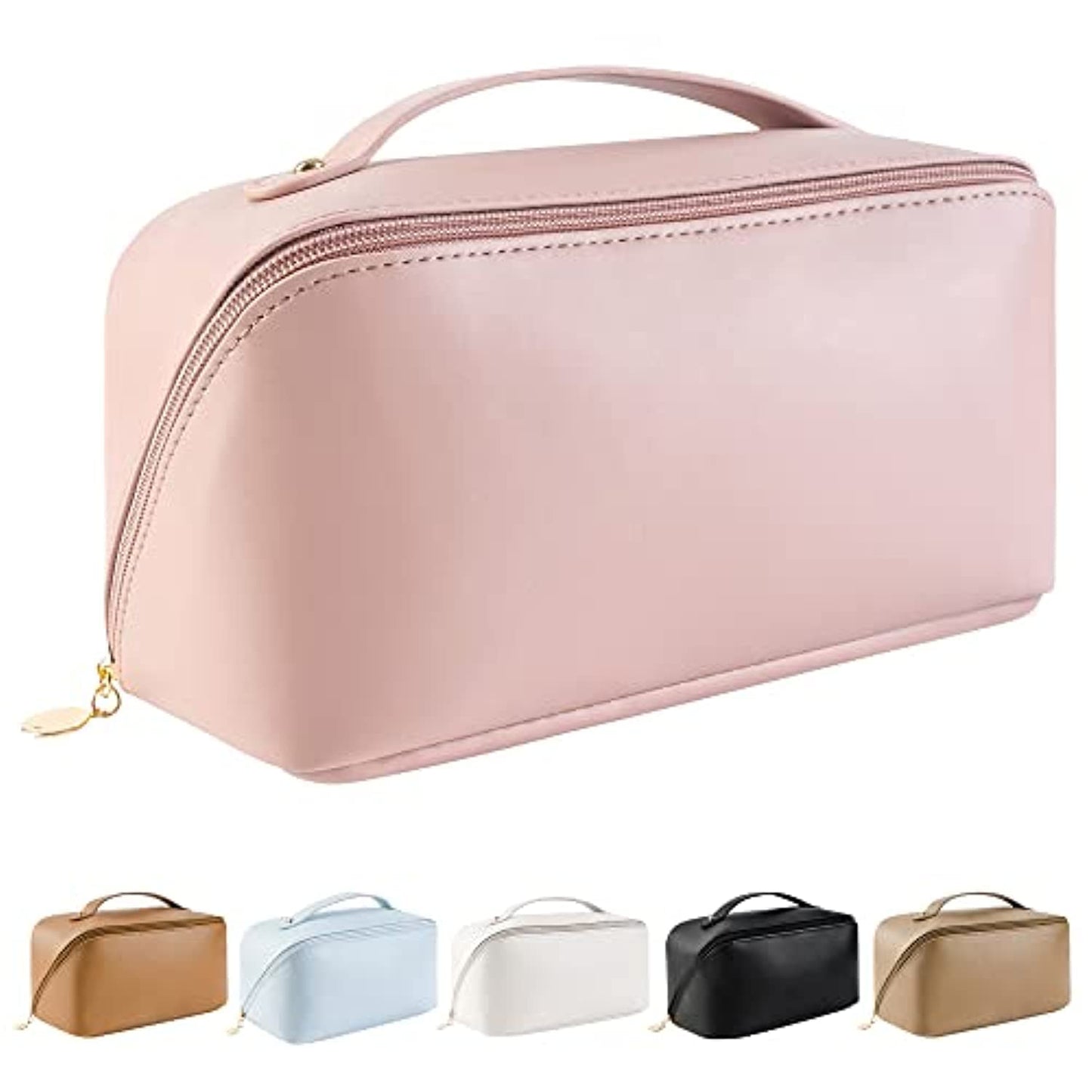 YHBAO Large-Capacity Travel Cosmetic Bag Leather Makeup Bag Waterproof Portable Cosmetic Bag Toiletry Bag for Skincare Cosmetics Toiletries With Handle and Divider (Pink)