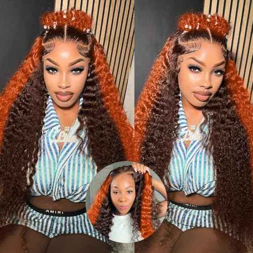 Ginger Orange Glueless Wigs Human Hair Ombre Pre Plucked Pre Cut 9x6 Deep Wave Lace Front Wigs Human Hair 9x6 Ginger Colored Deep Curly HD Lace Frontal Wig Brazilian Hair 20inch 180% Denstiy