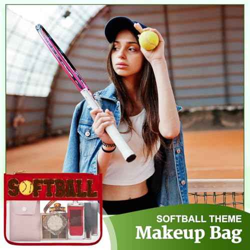 Aliceset 6 Pcs Softball Chenille Letter Preppy Patch Makeup Snack Bags, Gift for Women Waterproof PVC Cosmetic Organizer Storage, Flat Clear Portable Toiletry Zipper Pouch(Red, Yellow)