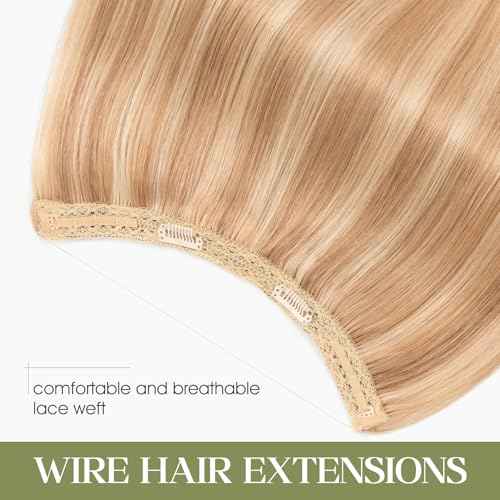 Halo Hair Extensions Real Human Hair Invisible Wire Extensions with Transparent Fish Line Adjustable Size Golden Brown & Bleach Blonde 22 inch
