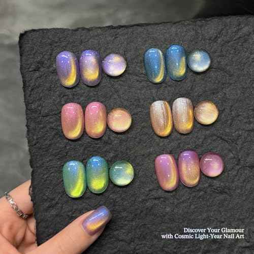 GAOY Glitter Cat Eye Gel Polish Kit with Magnet, 6 Colors Colorful Holographic Nail Polish Set, UV Cure Gel for DIY Manicure at Home