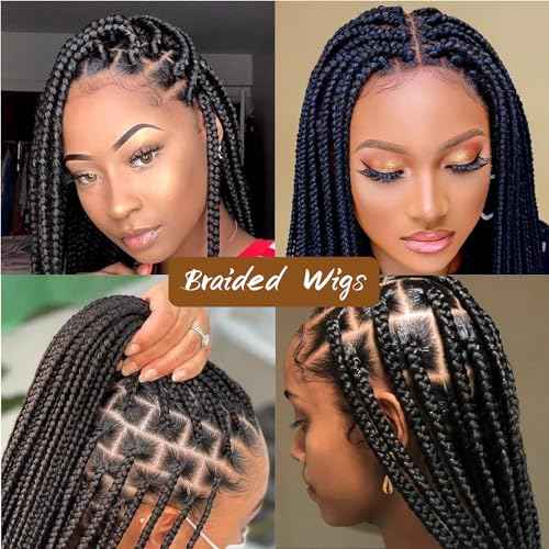 Box Braided Wigs For Women 36"" Full Double Lace Braided Wig With Baby Hair Large Square Knotless Long Braided Wigs Synthetic Handmade Full Lace Braided Wig, Black