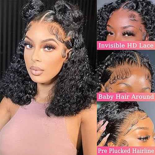 14 Inch Deep Wave Bob Wig Human Hair Glueless 13x6 Lace Front Wigs Human Hair Wigs for Black Women Pre Plucked 200 Density HD Short Curly Lace Frontal Wig Natural Black