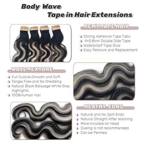 Tape in Hair Extensions Human Hair 24 Inch Body Wave Black Hair Balayage Silver Grey Highlights Hair Extensions Real Human Hair Tape ins for Black Women 20 PCS Double Sided Tape Hair Extension 50G
