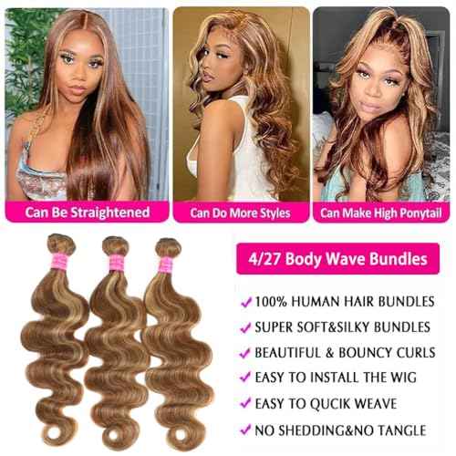 Ombre #4/27 Human Hair Bundles Body Wave 3 Bundles (20 22 24 inches) Honey Blonde Highlight Brown Colored 12A Brazilian Virgin Human Hair Body Wave Bundles 100% Unprocessed Double Weft