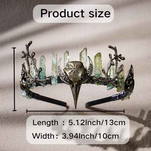 Green Fairy Crystal Crown - Handmade Raw Quartz Tiara with Bronze Crow Branch Moon Elf Headpiece Fantasy Forest Witch Crown Wedding Renaissance Halloween Cosplay Woodland Headband