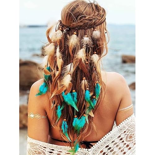 GORTIN Boho Feather Headband Hippie Headpiece Black Gypsy Costume Headdress Indian Feather Headwear Hair Accessory for Women
