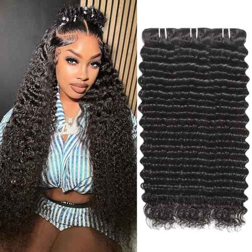 Great Grace 12A Deep Wave Human Hair Bundles 20 22 24 Inch Curly Bundles Human Hair 100% Unprocessed 3 Bundle Brazilian Virgin Human Hair Extensions Quick Weave Natural Black Color