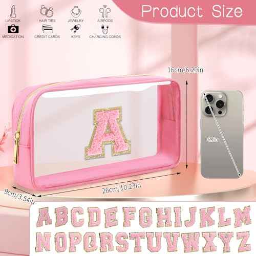 Initial Clear Makeup Bag Small Cosmetic Bag Travel Toiletry Bag Clear Zipper Pouch Purse Organizer Bags for Women (PINK-M, S)