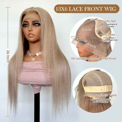 613 Straight Ash Blonde Wig Human Hair, 13x6 HD Lace Front Wigs Human Hair, Glueless & Pre Plucked Human Hair Wig with Baby Hair, 180% Density Ash Blonde Wig (26 inch)