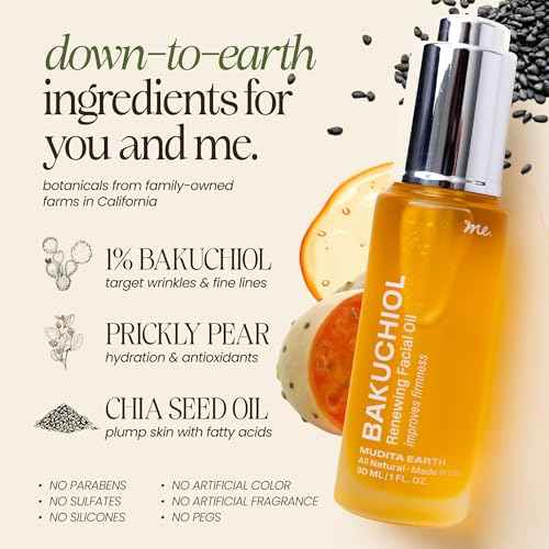 Mudita Earth Bakuchiol Face Oil ? Retinol Alternative for Women | Chia Seed & Prickly Pear Serum for Gua Sha & Lymphatic Drainage | Plant-Based Oil for Scar Heal, Healthy-Aging for Oily Skin - 1 fl oz