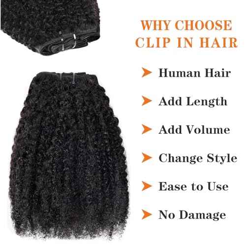 Afro Kinky Curly Clip in Hair Extensions Human Hair 4C Hair Clip in Extensions 8pcs 120g/set 10A Brazilian Virgin Natural Hair Clip Ins for Black Women Natural Black Color 24 Inch