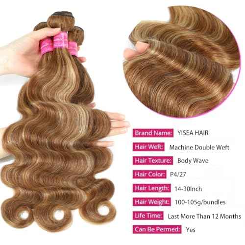 Ombre #4/27 Human Hair Bundles Body Wave 3 Bundles (20 22 24 inches) Honey Blonde Highlight Brown Colored 12A Brazilian Virgin Human Hair Body Wave Bundles 100% Unprocessed Double Weft