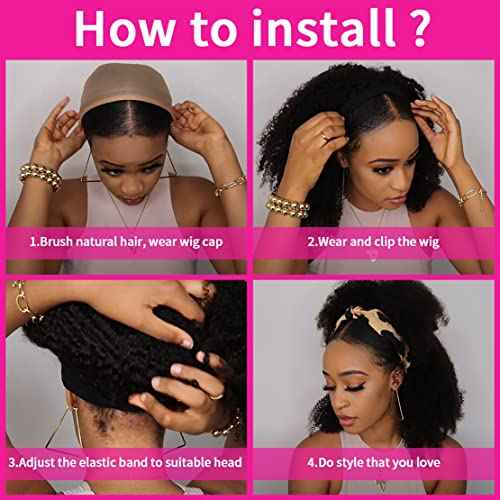Human Hair Wig Deep Wave 16 Inch Headband Wig Curly Hair Wig Machine Made Wig Non Lace Front for Women Natural Color