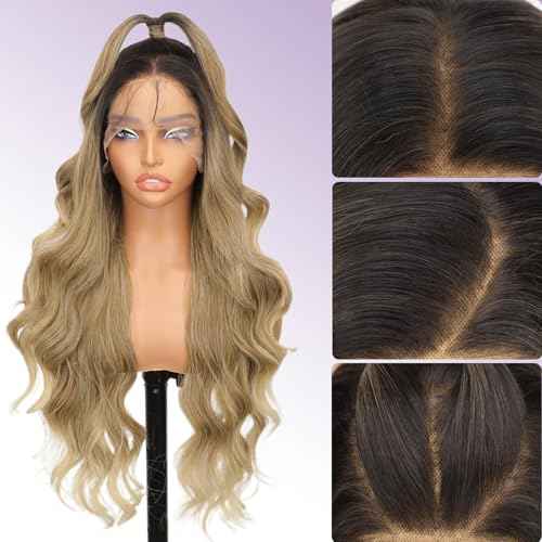 AISI HAIR 13¡¿4 HD Mixed Blonde Lace Front Wigs for Women Pre-Plucked Long Body Wavy Synthetic Lace Mixed Blonde Wig with Baby Hair for Beginner Friendly Free Part 28 Inch
