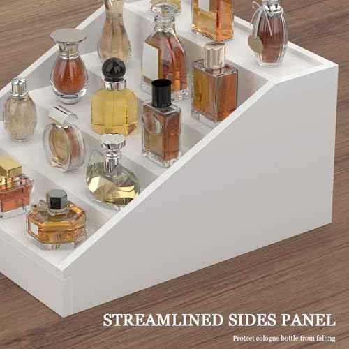 Wooden Cologne Organizer for Men Enhanced 5 Tier Cologne Stand Shelf Perfume Organizer with Velvet Lined Drawer & Hidden Storage Perfume Display Holder for Dresser Nice Gift (Elegant White)
