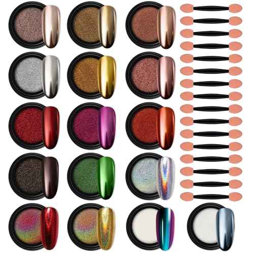 Artdone 16 Jars Chrome Nail Powder Magic White Pearl Kit Mirror Effect Silver Metallic Holographic Dip Nail Powder Decoration Iridescent Aurora Mermaid Pigment