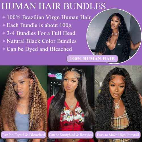 Deep Wave Human Hair Bundles 22 24 26 Inch 12A Brazilian Deep Wave Bundles Human Hair 100% Unprocessed Virgin Deep Curly Hair Weave Natural Black