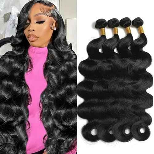 MsSunlight Human Hair Bundles 20 22 24 26 Inch 12A Body Wave Bundles Human Hair 100% Unprocessed Brazilian Virgin Hair 4 Bundles Human Hair Body Wave Human Hair Extensions Natural Black
