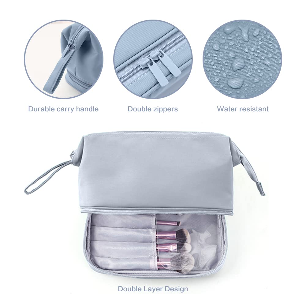 XINNIUT Large Makeup Bag, Double Layer Makeup Bag with Brush Organizer,Wide-open Design Makeup Bag,Waterproof Large Cosmetic Bag Toiletry Bag Travel Bag (Light Blue)