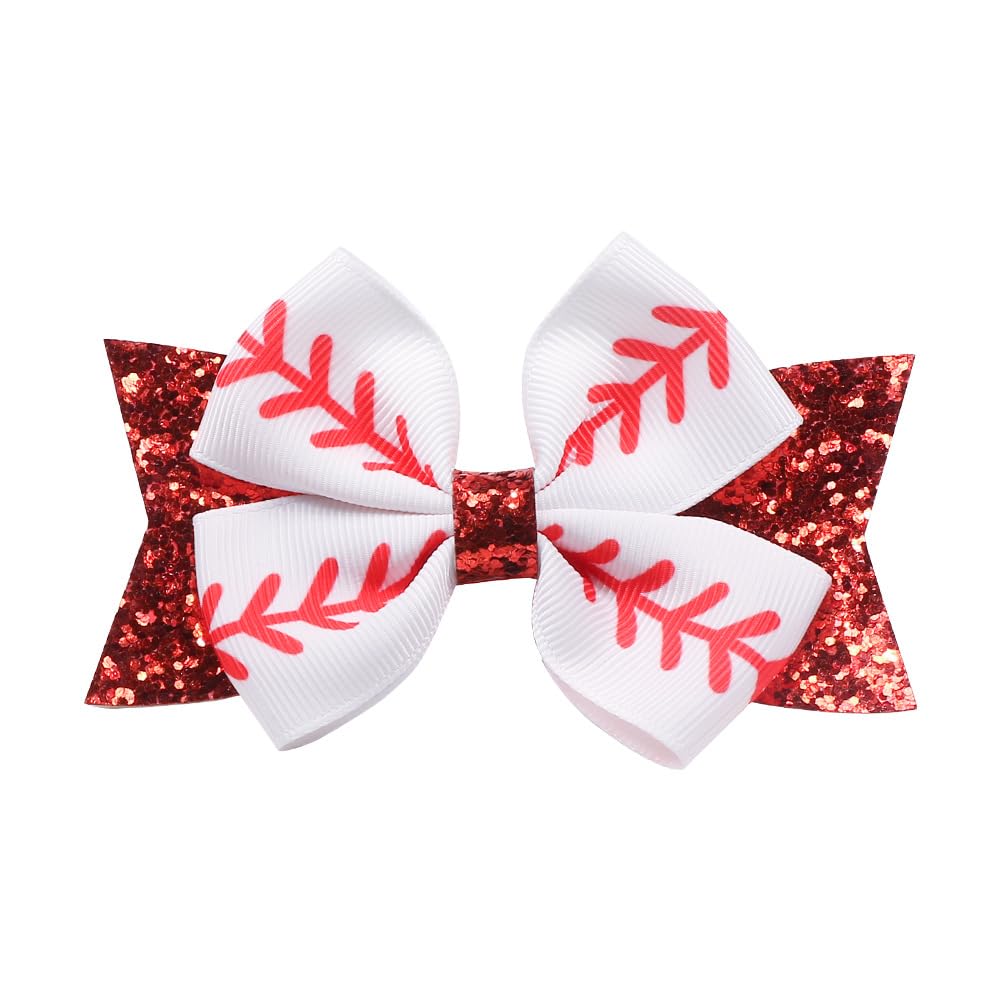 BBTDIN White Softball Hair Clips Bow (B2-Set 2 Pcs) - Hair Clip for Cheer Girls with Grosgrain Ribbon, Large 8 Inch Bow, 1.97 Inch Hair Ring, Fits 3-15 Year Old Kids & Teens