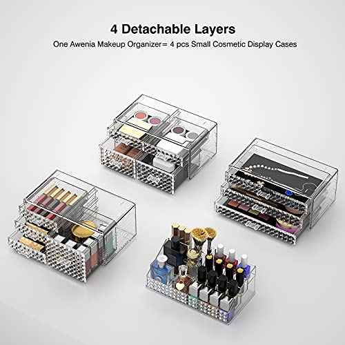 Awenia 4 Pack Stackable Makeup Organizer[Upgraded],Acrylic Cosmetics Storage Large Capacity with 11 Drawers For Brush Holder,Perfume or Jewelry Display,Plus Size| Ship from USA(Clear)