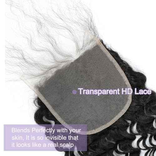 Closure Human Hair 5x5 HD Lace Closure Human Hair Clsoure Deep Wave Transparent HD 5x5 Lace Closure Deep Curly Closure Raw Virgin Human Hair Pre Plucked Natural Black 1B Color 22 Inch
