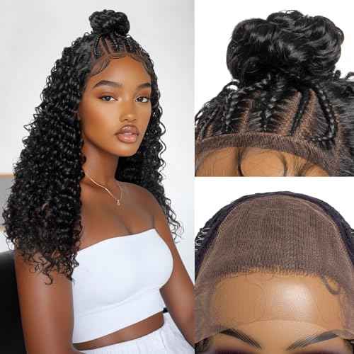 PROTEA Braided Wigs for Black Women, Full Lace Frontal Updo Bun Box Braids Wigs with Baby Hair, Lightweight Synthetic Fully Handmade Braided Wig, 24 Inch #1B Natural Black