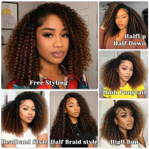 Half Wig Human Hair Glueless Kinky Curly Style 200% Density Ombre Highlight Invisible Hairline Beginner Friendly Seamless Clip Ins Flip Over None Lace Front Wigs (12 Inch)