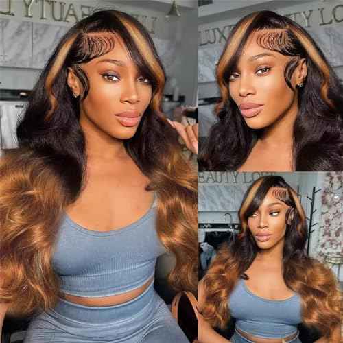 NICY 360 Transparent Lace Body Wave Wig Remy Human Hair Updo Pre Plucked Glueless Frontal Wigs Hair Extrenstion with Baby Hair (30 highlight wave, 18inch)