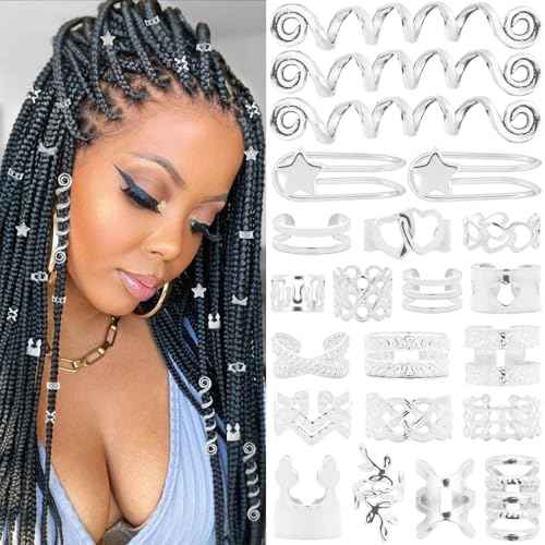 Vaikby 103PCS Silver Hair Jewelry for Braids Accessories, Hair Cuffs & Rings, Loc Jewelry for Black Women, Metal Silver Hair Accessories, Braid Decorations, Hair Charms for Dreadlocks and Braiding