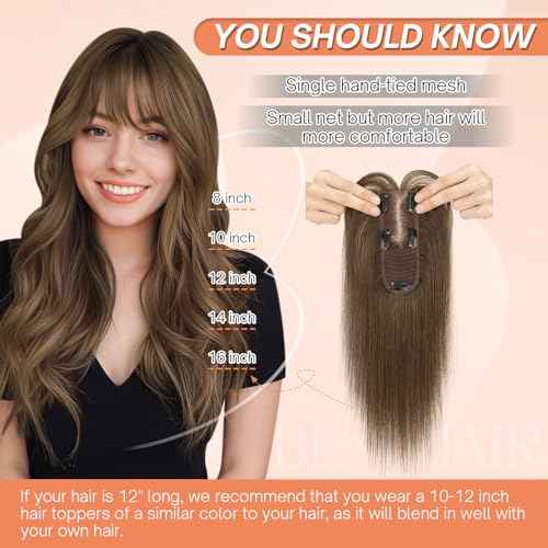 Benehair Hair Toppers for Women Real Human Hair 360¡Æ3D Clip in Bangs Toppers with Bang for Thinning 150% Density Hairpieces Lace Base Long Coverage Wiglet for Daily Use #02 Dark Brown 12Inch