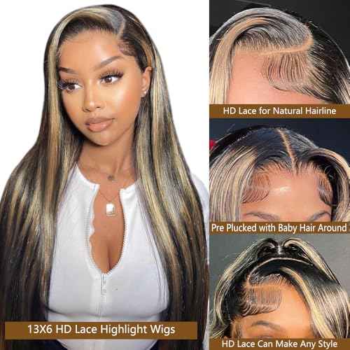 Ombre Lace Front Wig Human Hair Pre Plucked 13x6 Highlight Body Wave Lace Front Wigs Human Hair Hd Lace Frontal 1B/27 Colored Wigs Human Hair 180% Density 24 Inch