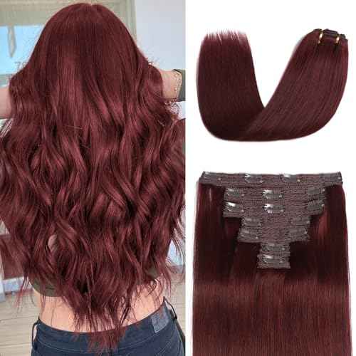 Clip in Hair Extensions Real Human Hair, Burgundy Red ? 16 Inch 7pcs 70g/Pack, Soft Hair Extensions Real Human Hair Clip ins Straight for Women, Capable for all Occasion (#99J 16 Inch)