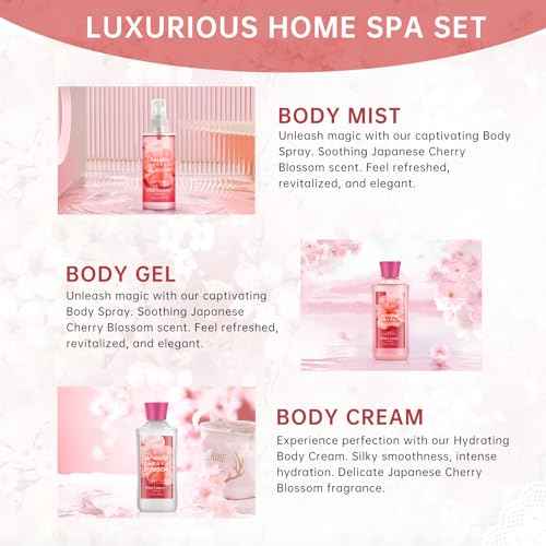 Bath and Body Gift Set for Women and Girls, Japanese Cherry Blossom Spa Set With Natural Extracts-Shower Gel, Body Lotion, Body Mist, Body Care Travel Set for Birthday Mother's Day Gifts