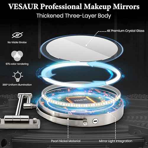 9" Large 15X Rechargeable Wall Mounted Lighted Makeup Mirror Nickel, 5000mAh HD Magnifying Mirror with 3 Color Bright Lights Touch Screen Dimmable, 17" Extendable 360¡Æ Swivel Bathroom Vanity Mirror