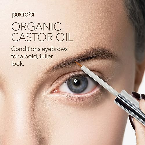 PURA D'OR 4 Oz ORGANIC Castor Oil - w/ 2 BONUS Empty Brushes - 100% Pure USDA Certified Cold Pressed, Hexane Free Eyelash & Eyebrow Serum - For Fuller, Thicker Lashes & Brows - Skin & Hair