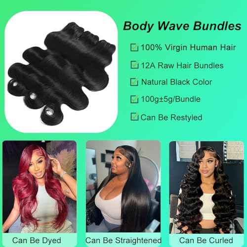 DEWELLY 12A Raw Body Wave Bundles Human Hair 20 22 24 Inch 100% Unprocessed Brazilian Virgin Human Hair Extensions 3 Bundles Deals Human Hair Natural Black Quick Weave Bundle for Women
