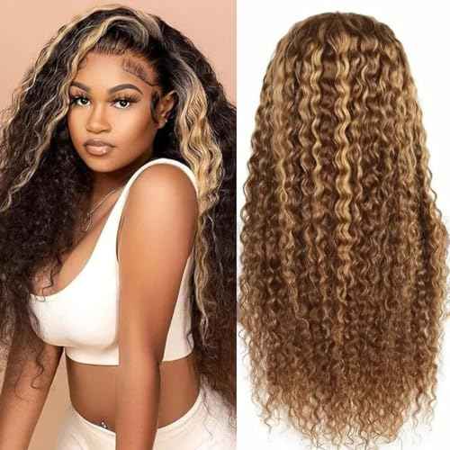30 Inch Highlight Ombre Lace Front Wig Human Hair 180% Density Jerry Curly Lace Frontal Wigs Pre Plucked with Baby Hair 13x6 Honey Blonde Deep Curly Lace Front Wigs for Women