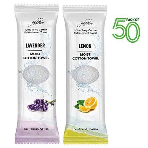 Oshibori Moist Terry Cotton Refreshment Towels (50 Pack, 8 x 8 Inches) - White Mildly Scented Pre-moistened Towel to Use Hot or Cold - Lemon & Lavender Scent Bundle of 25 each