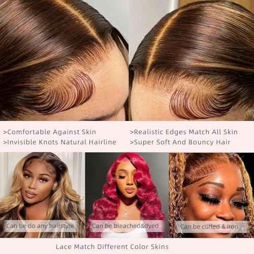 Kineko Highlight Lace Front Wig Human Hair Ombre 13x4 Straight Human Hair Highlight Honey Blonde HD Human Hair 24 Inch Full Frontal Glueless Wigs Human Hair Pre Plucked P427