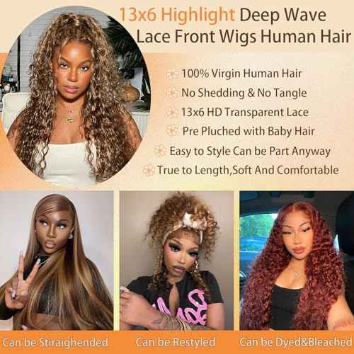 AKUZO Highlight Ombre Deep Wave Lace Front Wigs Human Hair 13x6 lace front wigs human hair Pre Plucked with Baby Hair 4/27 Honey Blonde wig for Black Women 200 Density 24inch