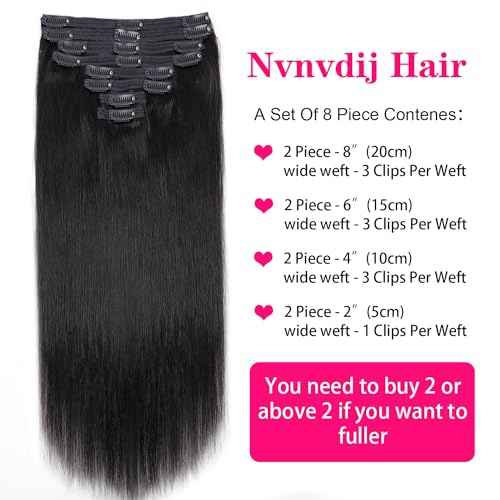 Straight Clip in Hair Extensions Real Human Hair 8Pcs Remy Human hair Clip ins for Women, Natural Soft Human Hair 120g 24inch #1B Natural Black