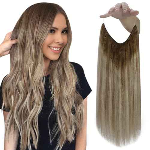 Fshine Wire Hair Extensions 20 Inch Olive Brown to Ash Brown and Blonde Layered Hairpiece with Transparent Fish Line Straight Real Human Hair Clip in Hair Extensions 80 G