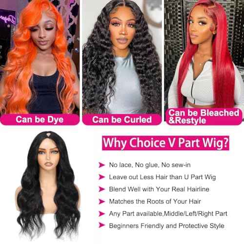 V Part Wig Human Hair Body Wave Upgrade U Part Human Hair Wig With Clips Glueless Wigs Human Hair Beginner Friendly V Shape Clip In Half Wigs for Women No Leave Out 30 Inch 180% Density
