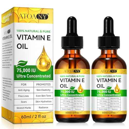 Vitamin E Oil 75,000 IU 2 Pack - 100% Pure Vitamin E Oil for Skin, Face, Hair, Body - Natural Antioxidant for Dryness, Wrinkles, Scars & Stretch Marks, Deep Hydration for Soft, Glowing Skin