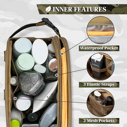 PAVILIA Tactical Toiletry Bag for Men, Travel Hygiene Bag, Military Gear Dopp Kit, Water Resist Molle Accessories Pouch, Mens Shaving Essentials, Gym Bathroom Shower Small Toiletries Tool EDC, Tan