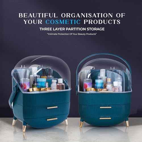 Makeup Cosmetic Organizer Box with Drawer Storage - Plastic Oval Storage Organizer with Turn Lock, Large Capacity for Women¡¯s Skincare and Beauty Products (Green)