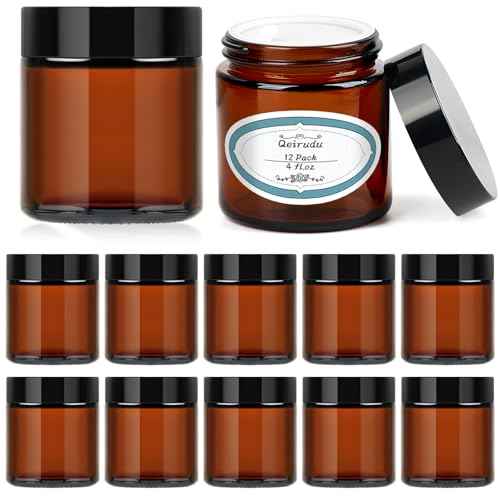 Qeirudu 4 Oz Small Amber Glass Jars with Black Lids, 12 Pack Airtight Cosmetic Jars with Inner Liners Round Empty Sample Containers for Lotions, Creams, Candles, Body Butters, Essential oil